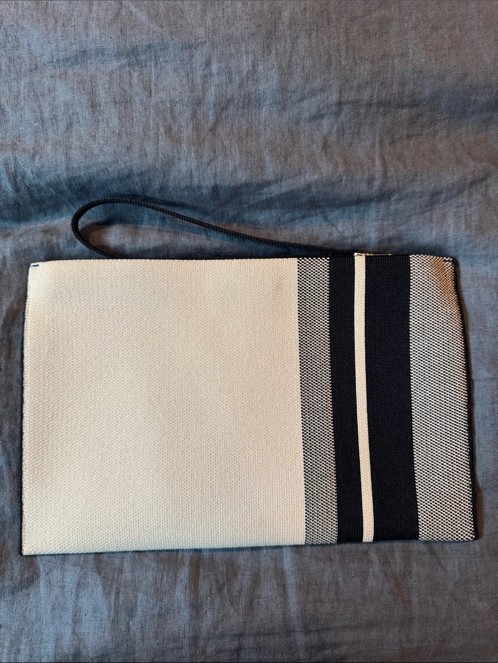 Rothy's Black & Cream Striped Canvas Wristlet